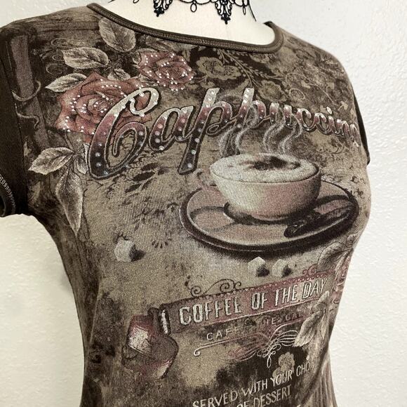 Vtg Y2k Blue Canyon Embellished Mc Bling Burnout Baby Tee Rhinestone Grunge S - Picture 7 of 15